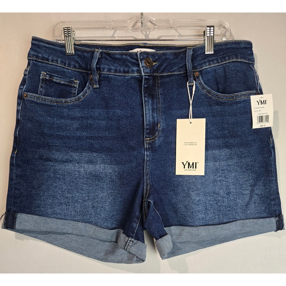 YMI Collection Womens Dark Wash Cuffed Denim Shorts Size 16 E5323480